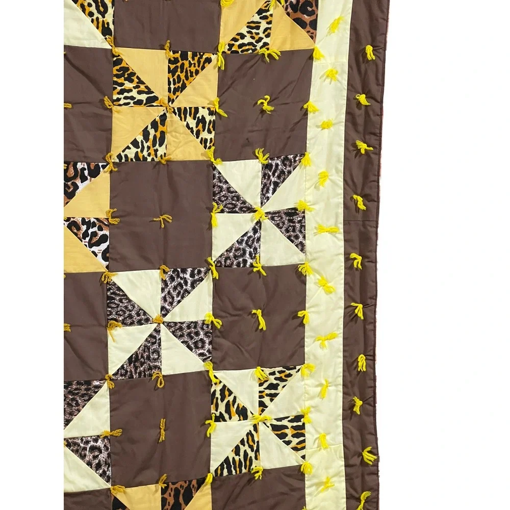 Reversible Full Queen Animal Print Pinwheel Quilt Topper Tied 90x66